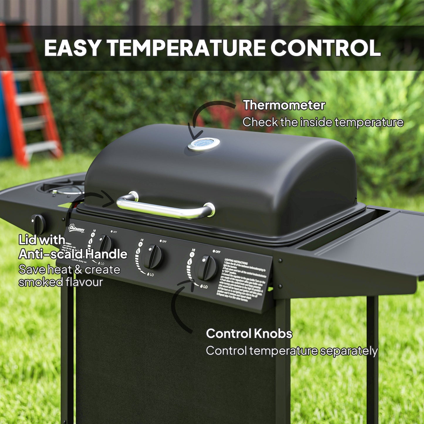 4 Burner Gas Barbecue Grill Portable Gas BBQ Grill with Lid, Black