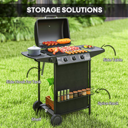 4 Burner Gas Barbecue Grill Portable Gas BBQ Grill with Lid, Black