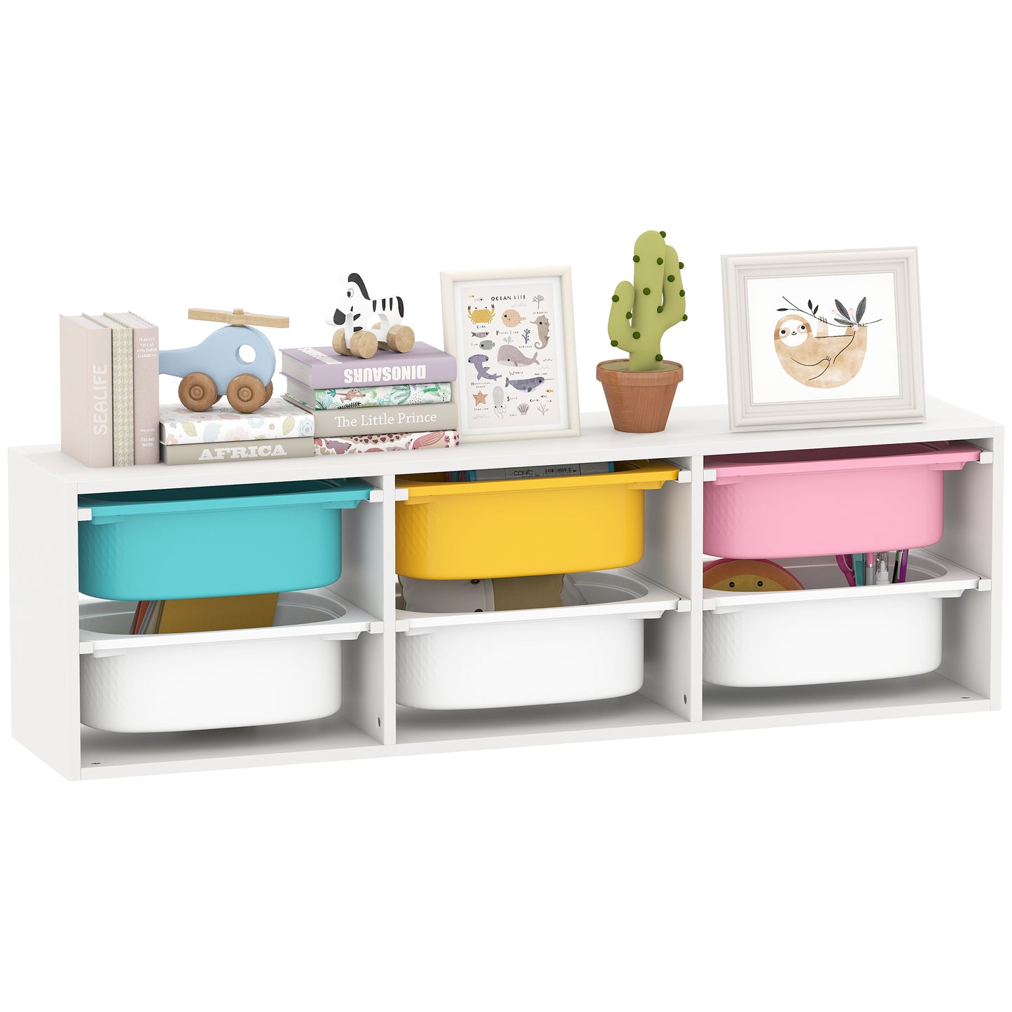2 Tiers Toy Storage Organiser with 6 Plastic Bins, Low Height