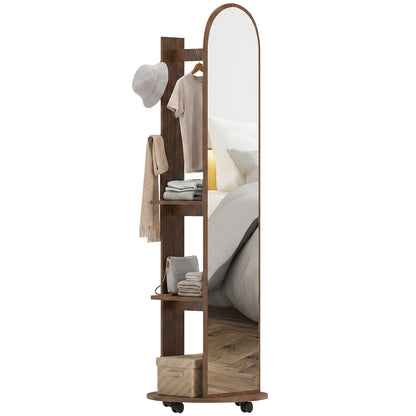 2-in-1 Full Length Mirror with Storage Shelves, Floor Mirror with 4 Universal Wheels, Coat Rack, 4 Hooks, Space-Saving Freestanding Organiser for Bedroom, Living Room, Brown Wood Effect