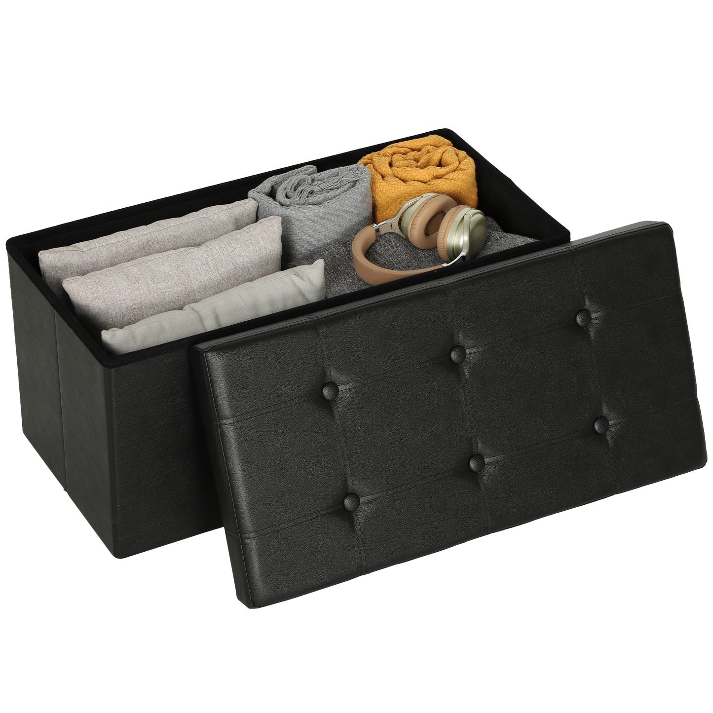 Storage Ottoman Bench, 89L PU Leather Folding Foot Rest, Black