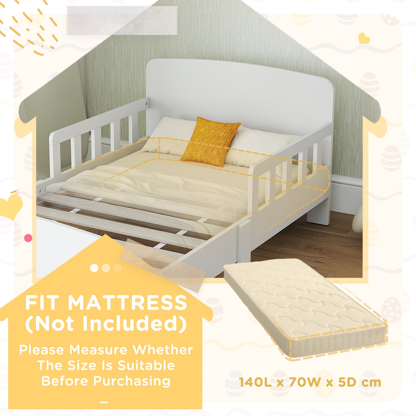 Kids Toddler Bed Frame with Safety Side Rails for 3-8 Years, White