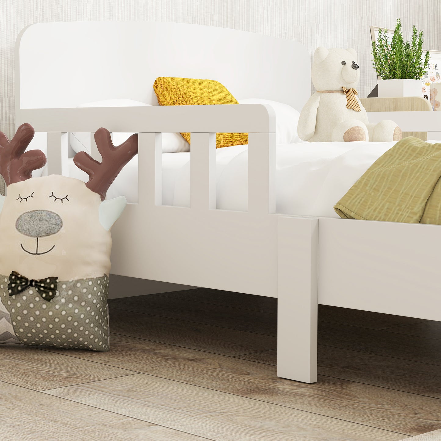 Kids Toddler Bed Frame with Safety Side Rails for 3-8 Years, White