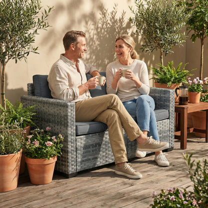 2 Seater Rattan Garden Sofa with Deep Seat, Wide Arms, Mixed Grey