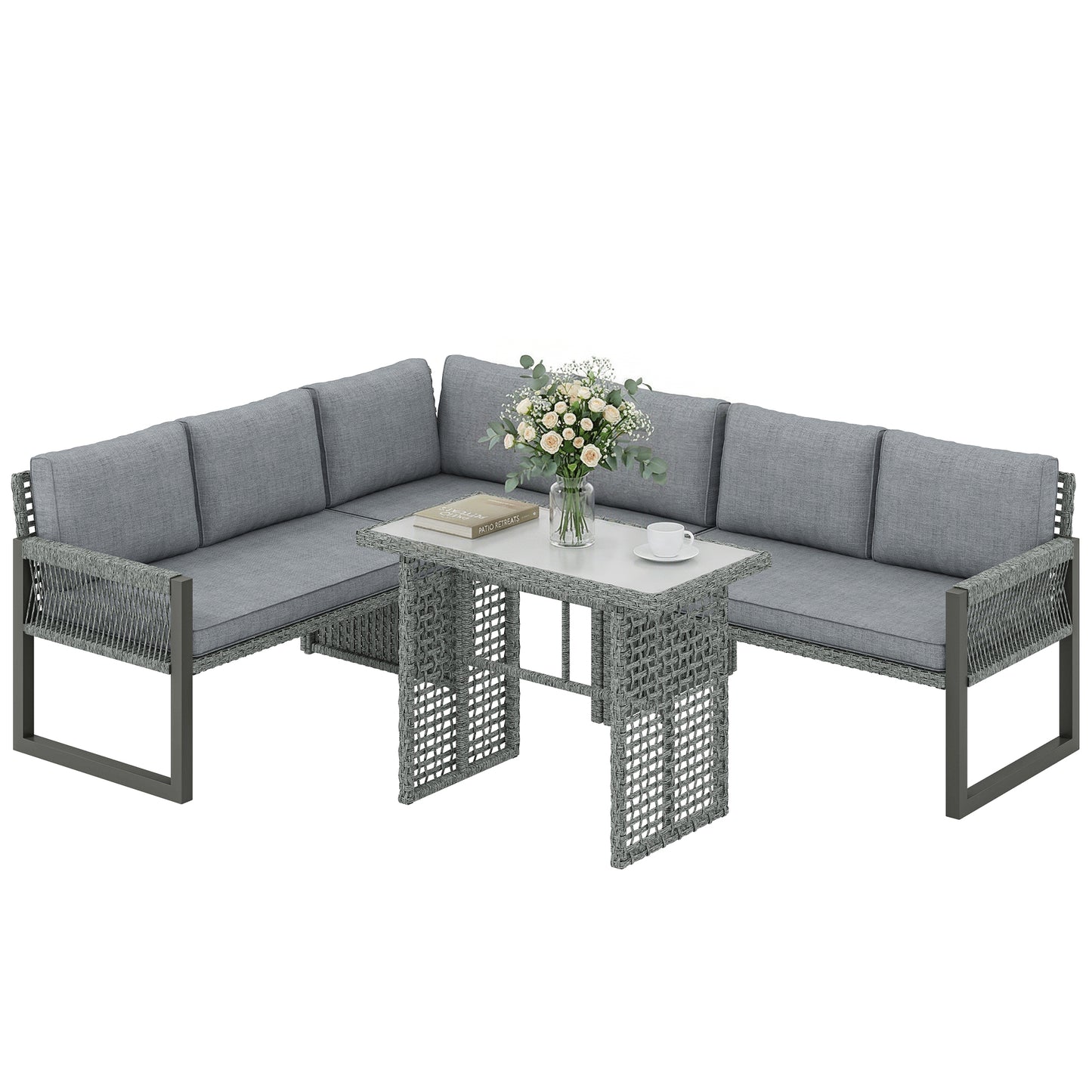4 Piece Rattan Garden Furniture Set with 3 Loveseats, Table, Grey