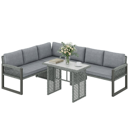 4 Piece Rattan Garden Furniture Set with 3 Loveseats, Table, Grey