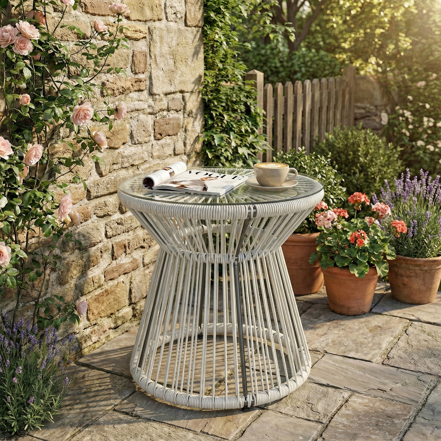 Rattan End Table, Round Hollow Drum Design Side Table, Light Grey