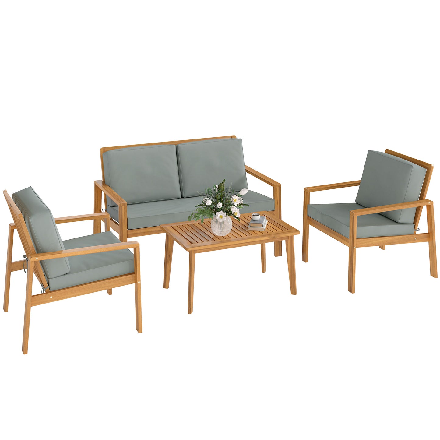 4 Pieces Wooden Garden Furniture Set with Cushions, Teak