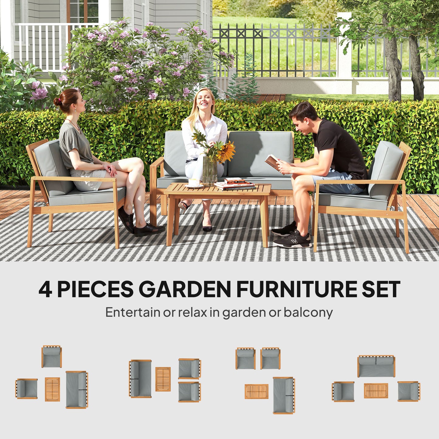 4 Pieces Wooden Garden Furniture Set with Cushions, Teak
