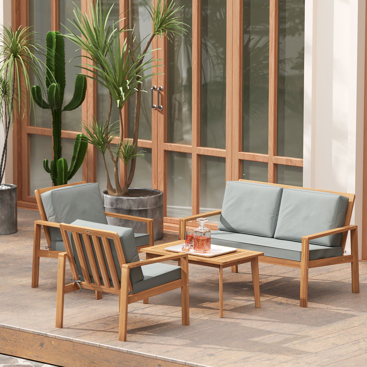 4 Pieces Wooden Garden Furniture Set with Cushions, Teak