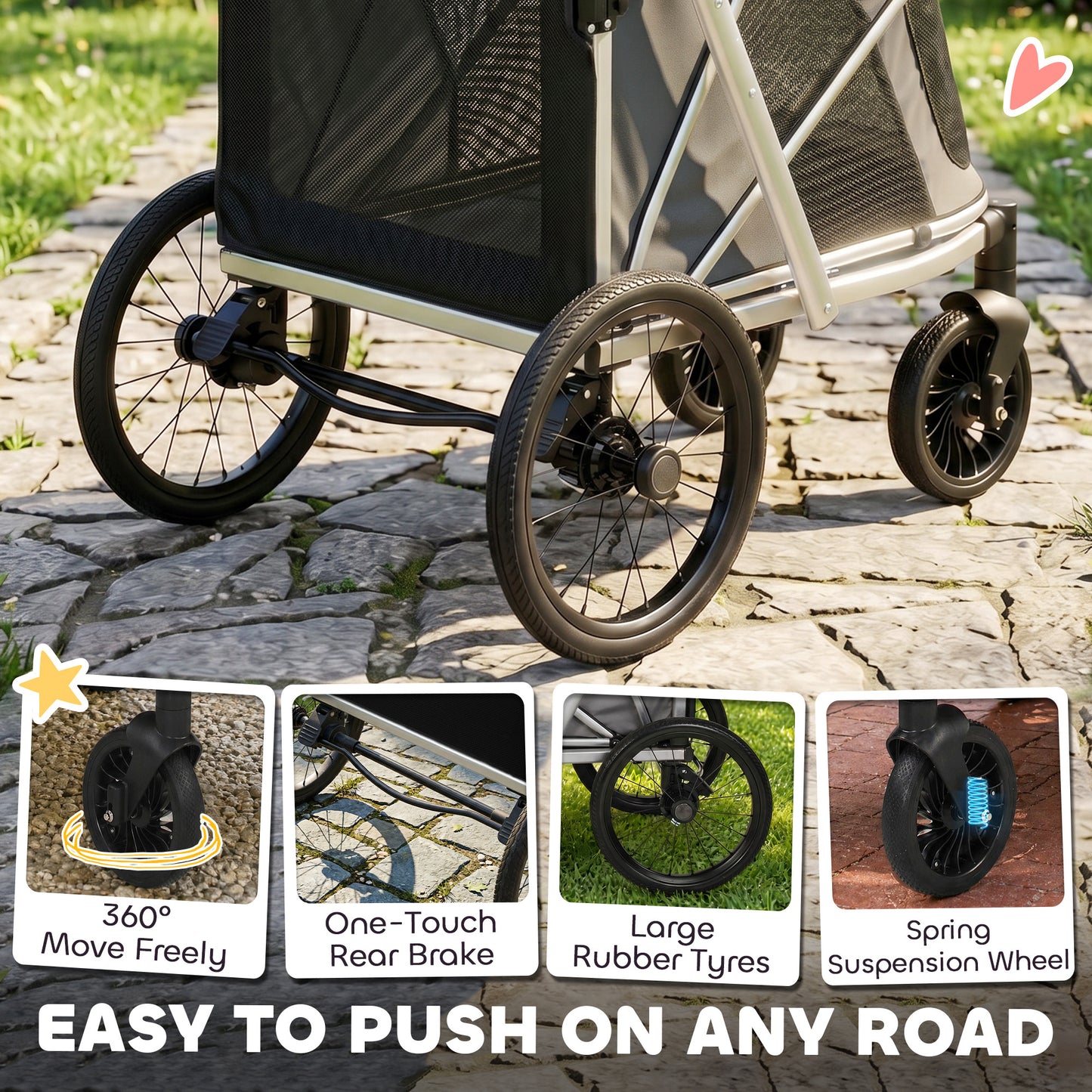 Dog Stroller, Pet Stroller for Small and Medium Dogs, Foldable Puppy Pram Pet Pushchair with 2 Big Wheels, Shock-Absorbing Frame, Seat Leashes, Brakes, Maximum Load 20 kg, Grey
