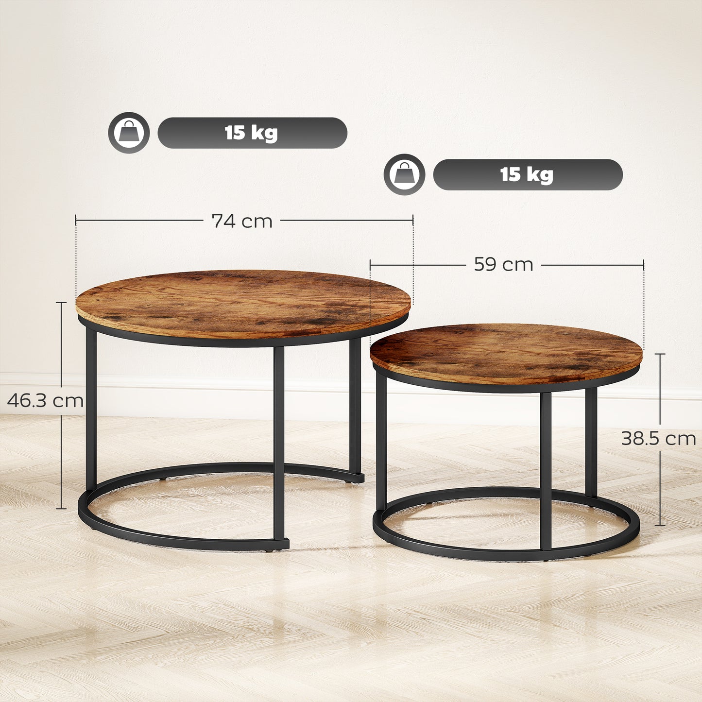 Marble Coffee Table Set of 2, Round Nest of Tables, Rustic Brown
