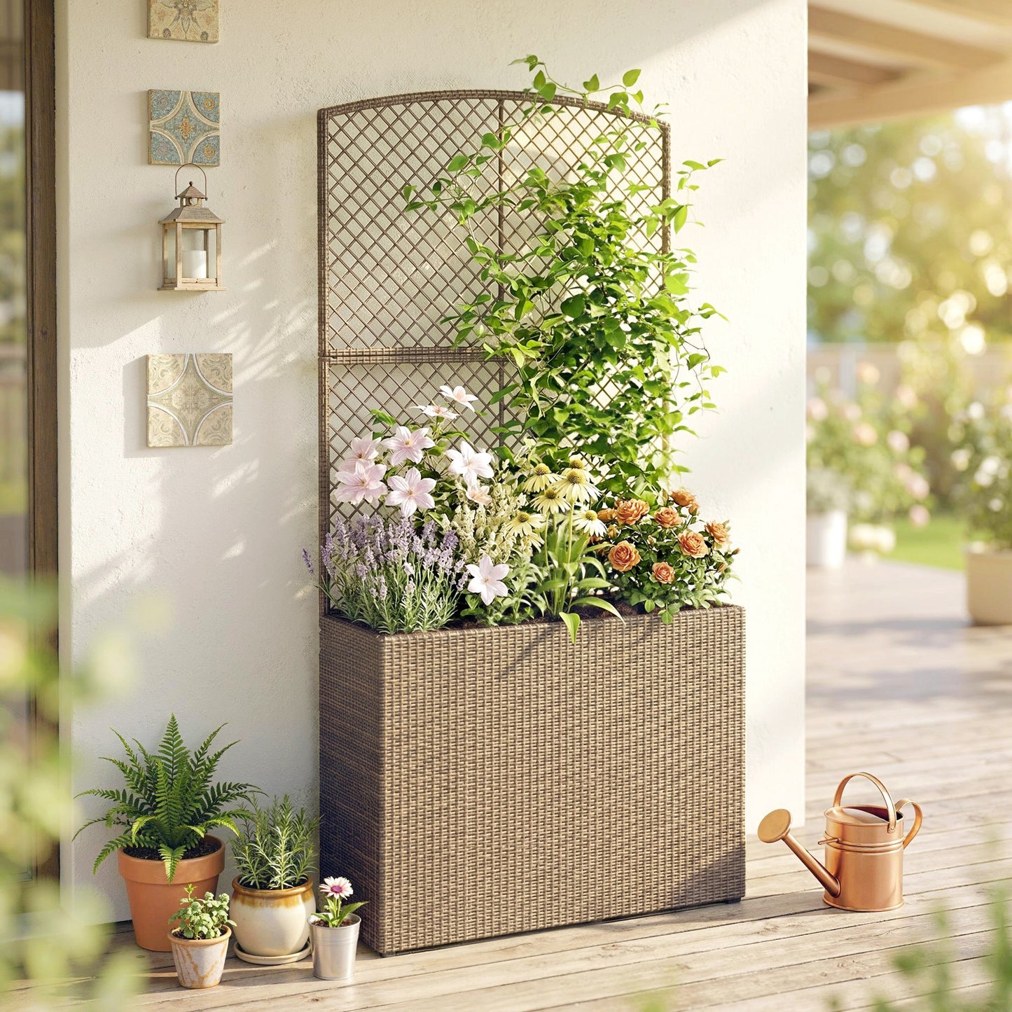 Garden Planter with Trellis, Rattan Raised Beds for Garden with Liner, Freestanding Outdoor Planter Box for Climbing Plants, Herbs, Vegetables, Flowers, 80 x 30 x 163 cm, Light Grey