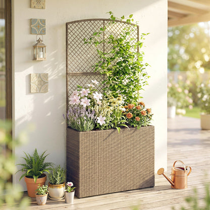 Garden Planter with Trellis, Rattan Raised Beds for Garden with Liner, Freestanding Outdoor Planter Box for Climbing Plants, Herbs, Vegetables, Flowers, 80 x 30 x 163 cm, Light Grey
