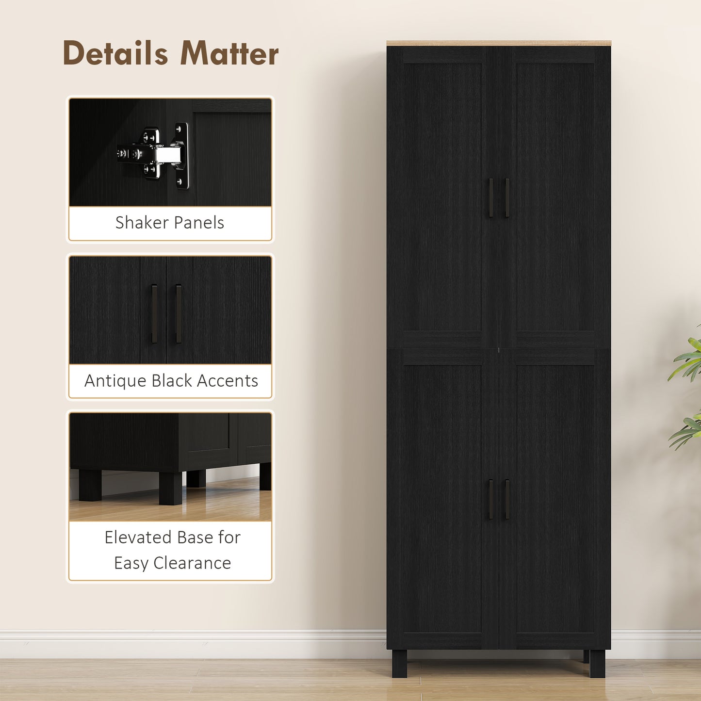 Modern Kitchen Cupboard Storage Cabinet with 4 Shelves, Black