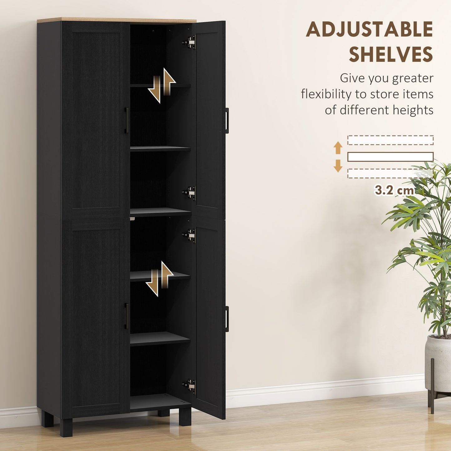 Modern Kitchen Cupboard Storage Cabinet with 4 Shelves, Black