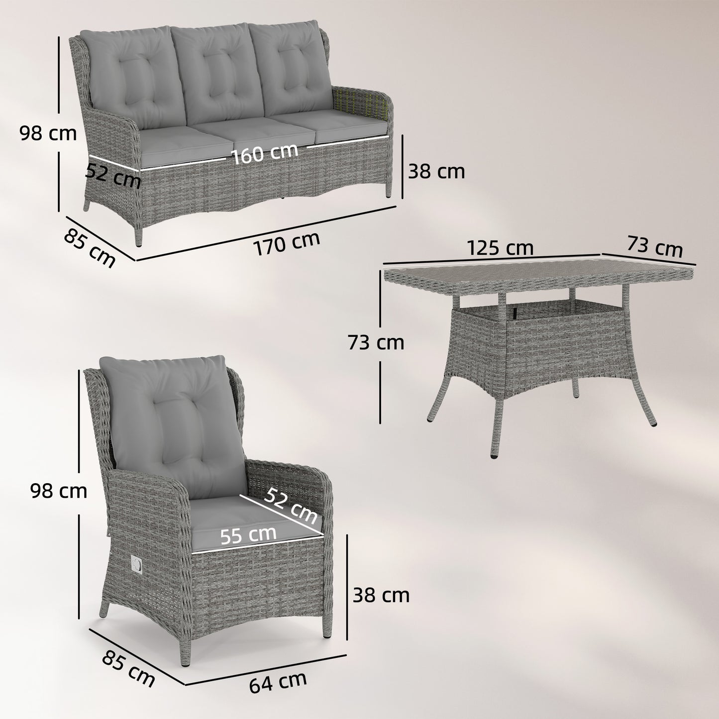 4 Piece Rattan Garden Furniture Set with Cushions, Grey