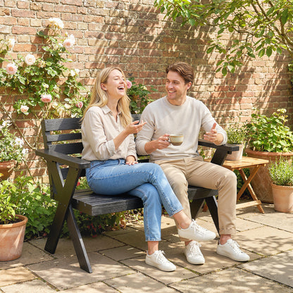 2 Seater Wood Garden Bench, Slatted Patio Bench with Armrest Black