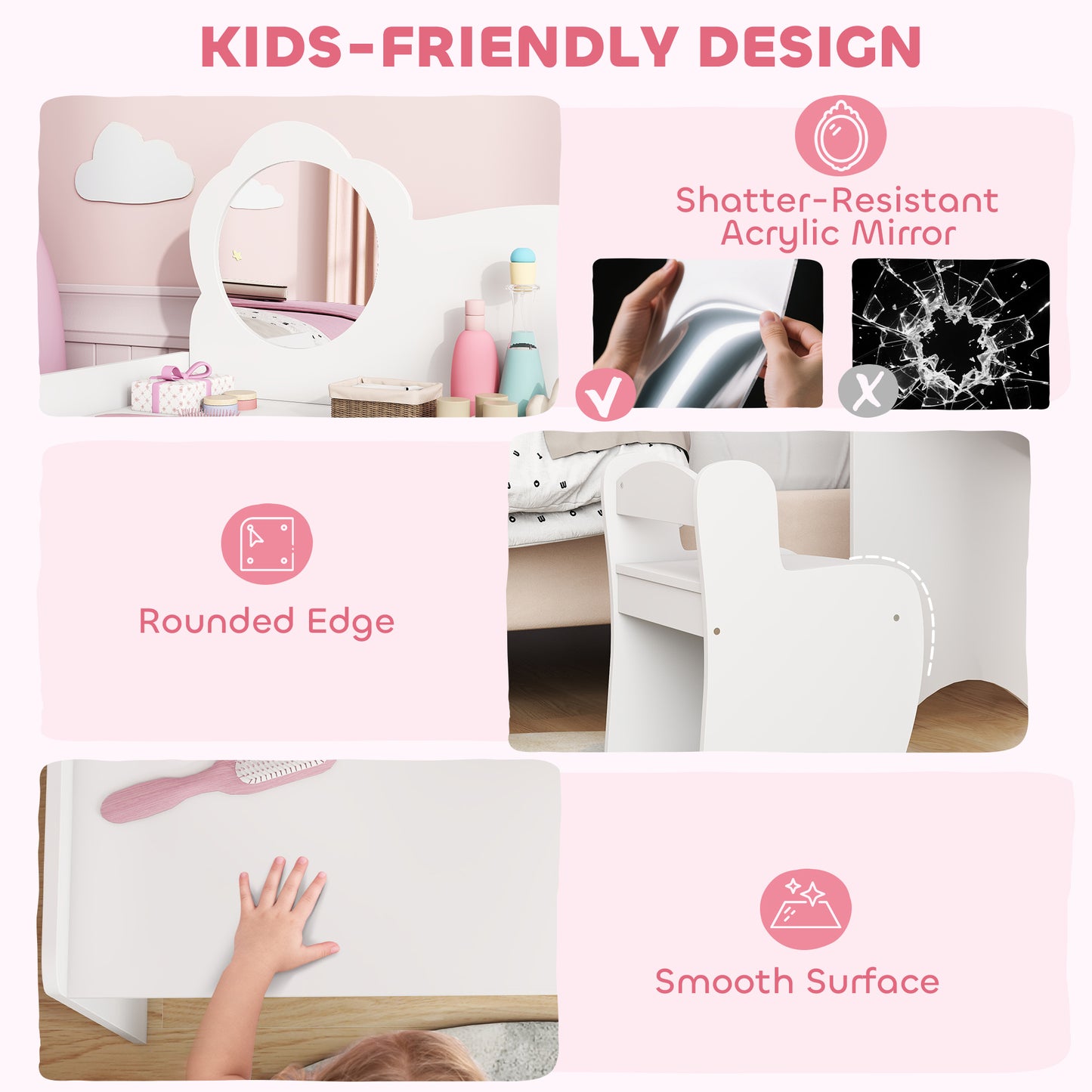 Kids Dressing Table with Mirror, Stool, Vanity Table, White