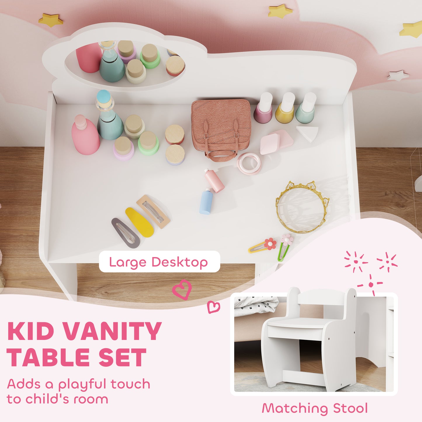 Kids Dressing Table with Mirror, Stool, Vanity Table, White