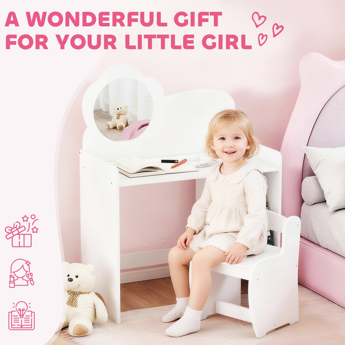 Kids Dressing Table with Mirror, Stool, Vanity Table, White
