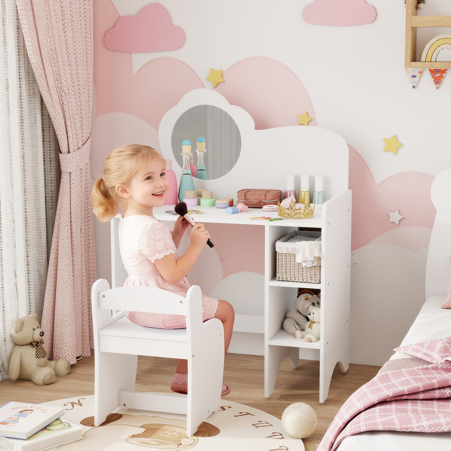 Kids Dressing Table with Mirror, Stool, Vanity Table, White