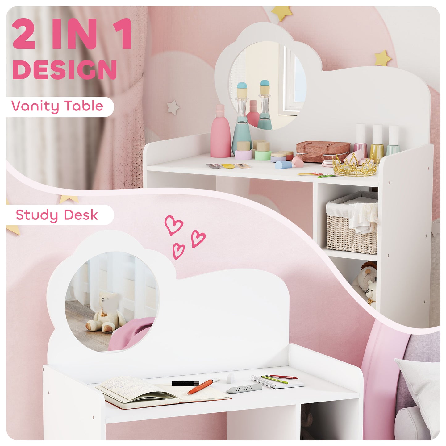 Kids Dressing Table with Mirror, Stool, Vanity Table, White