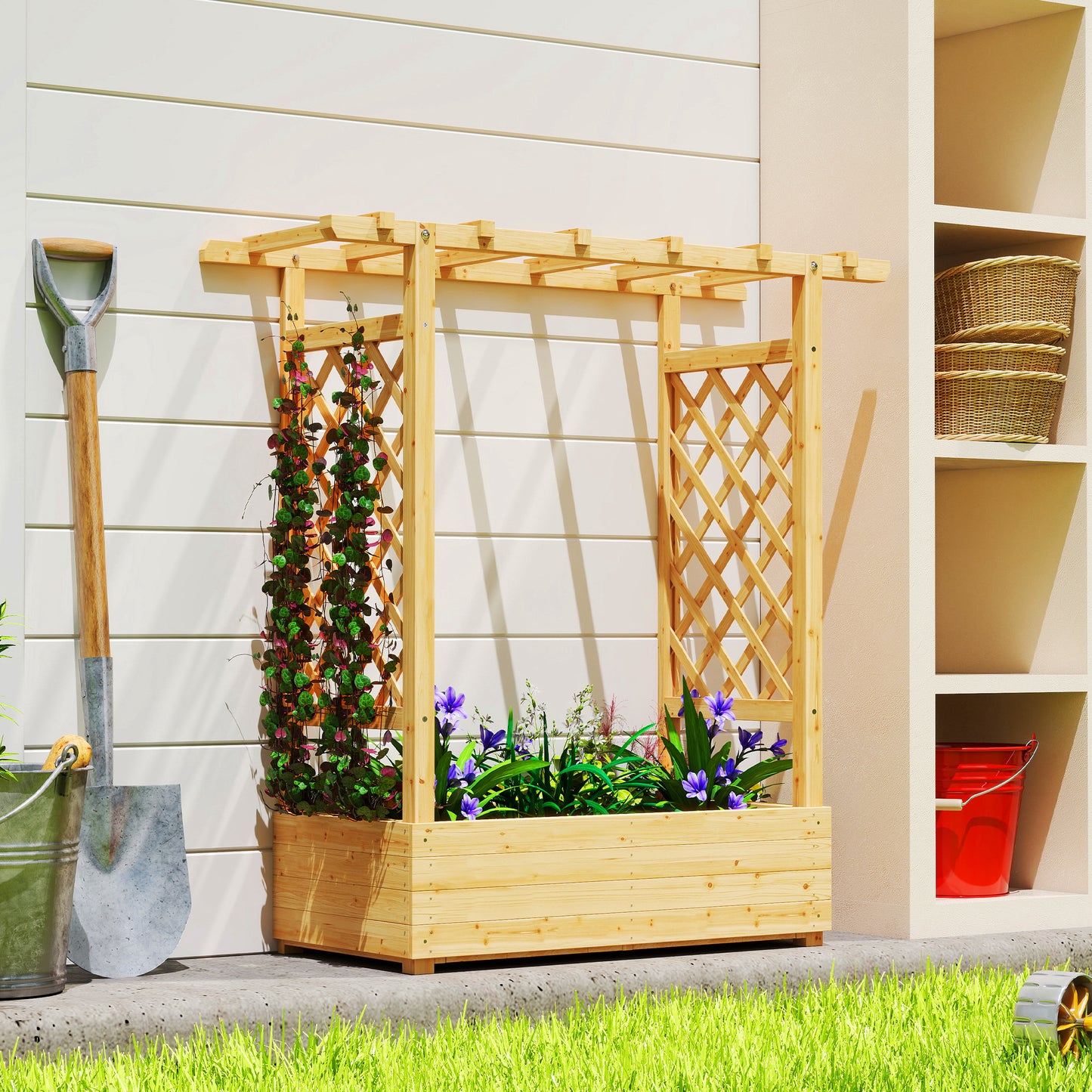 Raised Bed for Garden with Trellis, 110 x 44 x 113 cm, Natural