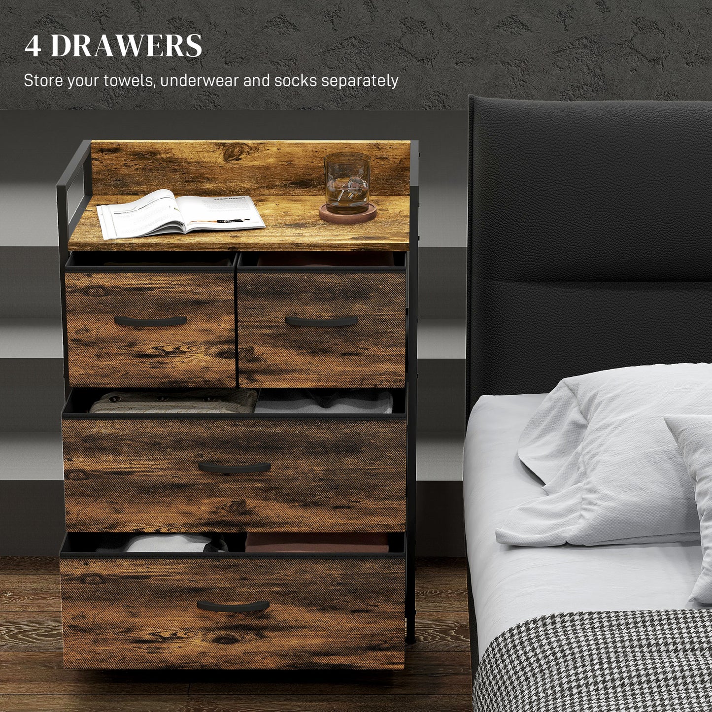 Bedroom Chest of Drawers 4 Drawer Dresser w/ Shelf, Rustic Brown