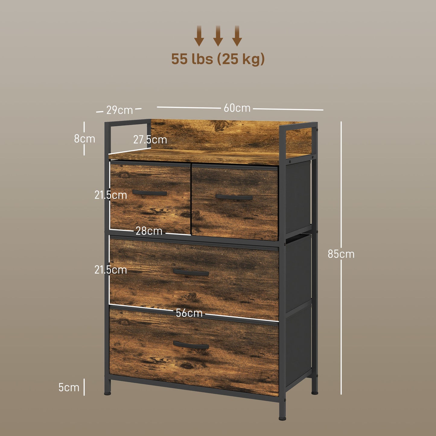 Bedroom Chest of Drawers 4 Drawer Dresser w/ Shelf, Rustic Brown