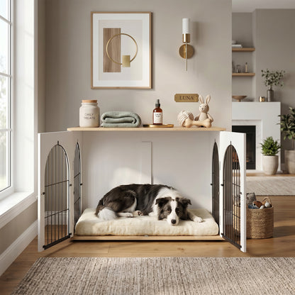Dog Crate Furniture, Indoor Dog Cage with Double Doors for Large Breeds, Pet Kennel End Side Table with Arched Door Design, 100 x 60 x 69 cm, White