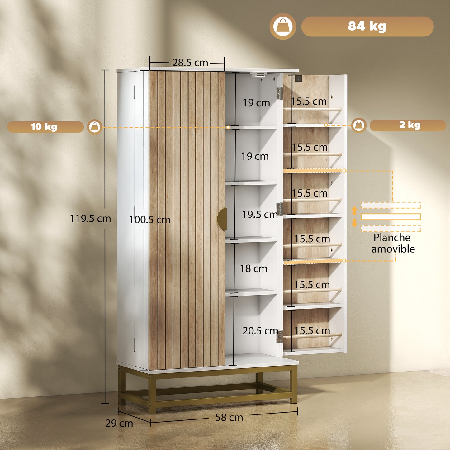 Kitchen Cabinet with Double Doors, 5 Tiers, 12 Spice Racks, White