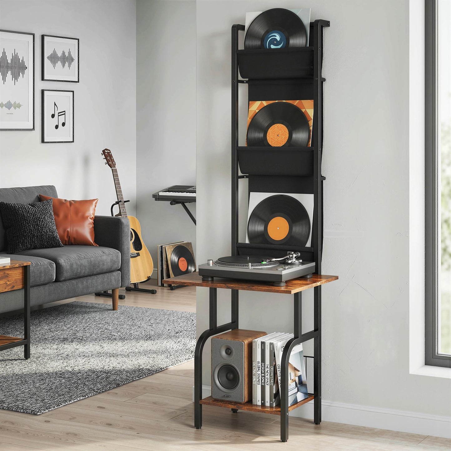 Vinyl Record Player Stand with Oxford Pockets Rustic Brown and Black