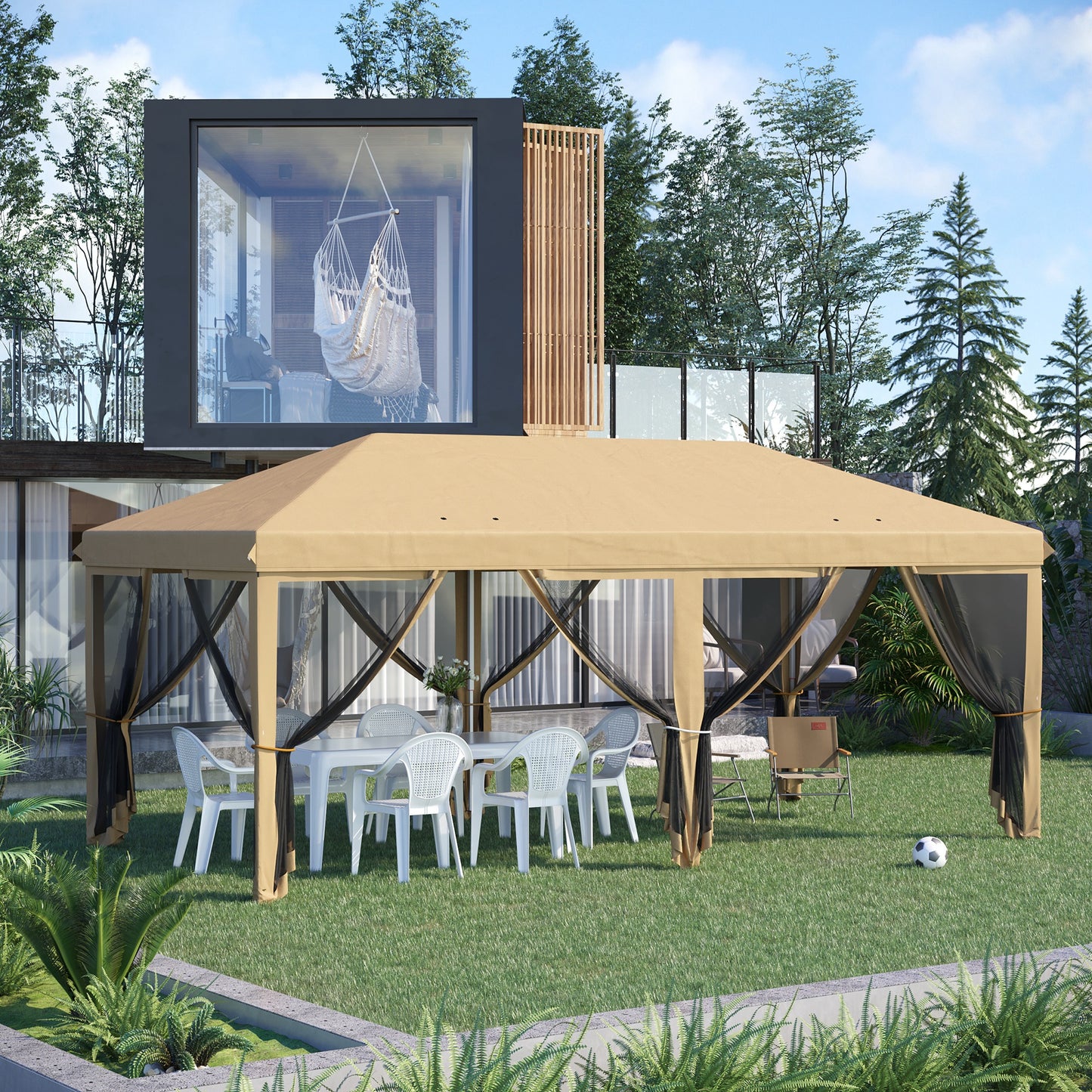 6 x 3(m) Pop Up Gazebo, Outdoor Canopy Shelter, Marquee Party Wedding Tent with 6 Mesh Walls and Carry Bag, Beige