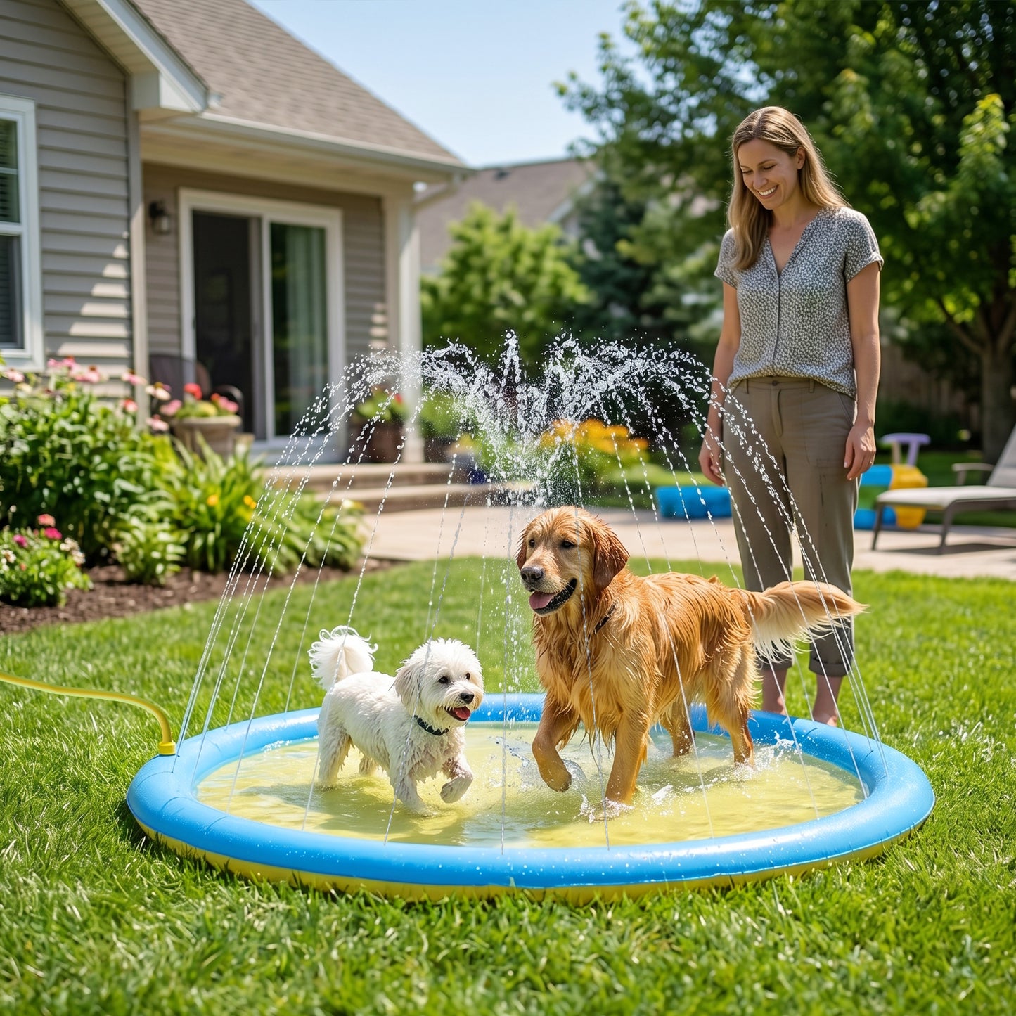 Dog Splash Pad, Pet Sprinkler Mat, Non-Slip Dog Paddling Pool, Foldable Outdoor Sprinkler and Splash Mat Water Play for Garden, Patio, Summer Fun, 150 cm, Yellow