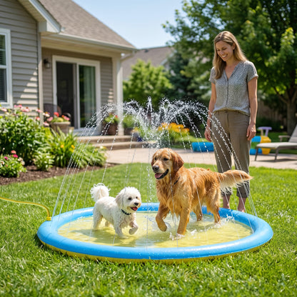 Dog Splash Pad, Pet Sprinkler Mat, Non-Slip Dog Paddling Pool, Foldable Outdoor Sprinkler and Splash Mat Water Play for Garden, Patio, Summer Fun, 150 cm, Yellow