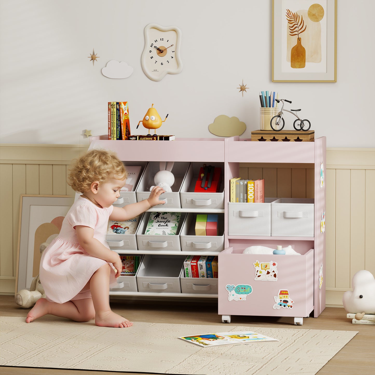 Kids Toy Storage Unit with 11 Fabric Bins, 3 Stickers, Pink