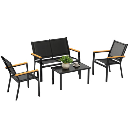 Outdoor Sofa with Tempered Glass Top 4 Seater Black
