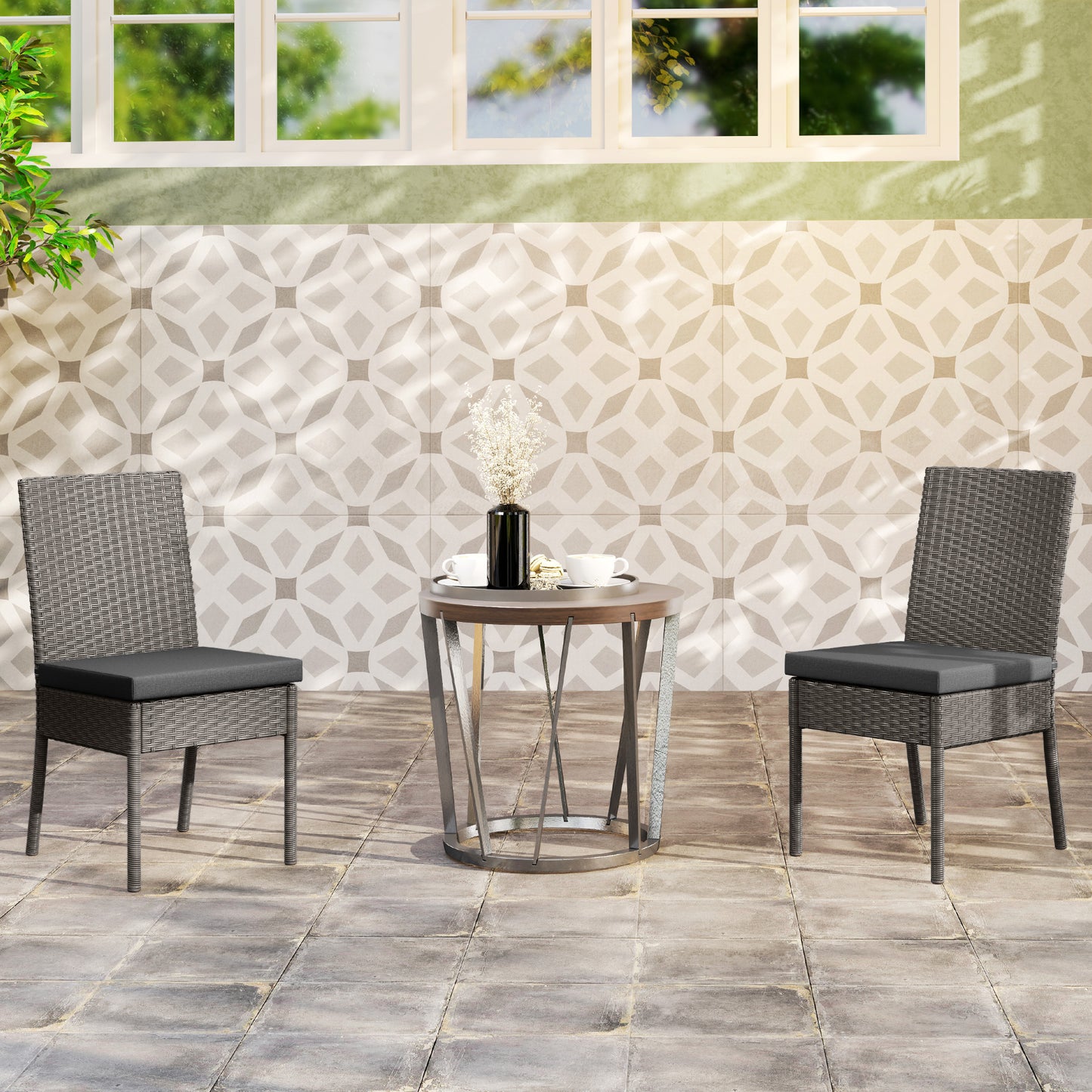 2 PCs Rattan Garden Chairs with Cushion, Wicker Dining Chairs, Grey