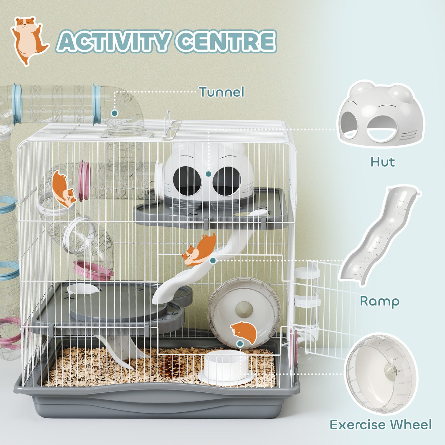 3-Tier Hamster Cage, Gerbil Cage with Exercise Wheel, Tunnel, Water Bottle, Food Dish, Hut, Ramp, for Dwarf Hamsters, 45 x 30 x 45 cm, Grey
