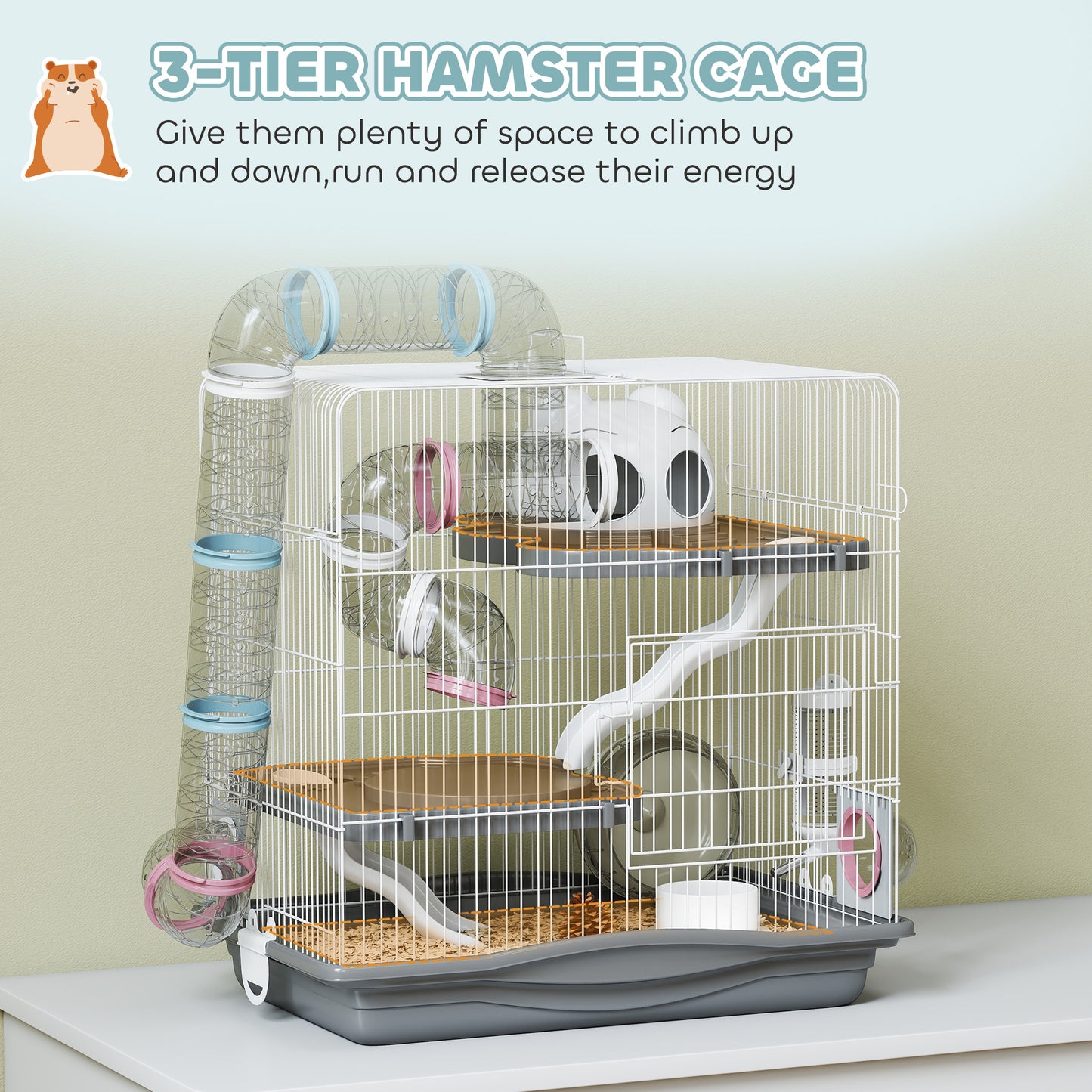 3-Tier Hamster Cage, Gerbil Cage with Exercise Wheel, Tunnel, Water Bottle, Food Dish, Hut, Ramp, for Dwarf Hamsters, 45 x 30 x 45 cm, Grey