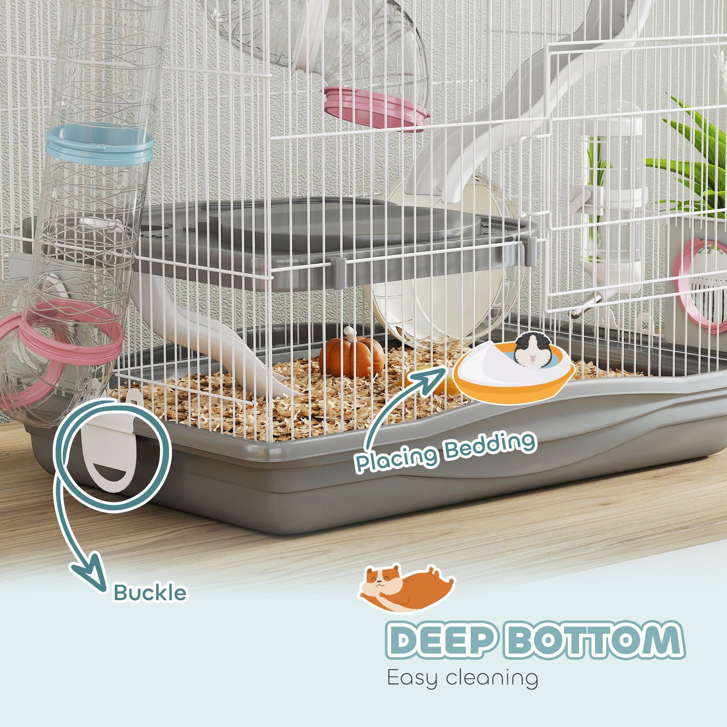 3-Tier Hamster Cage, Gerbil Cage with Exercise Wheel, Tunnel, Water Bottle, Food Dish, Hut, Ramp, for Dwarf Hamsters, 45 x 30 x 45 cm, Grey