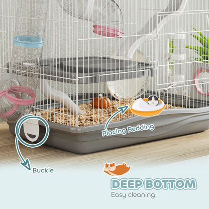 3-Tier Hamster Cage, Gerbil Cage with Exercise Wheel, Tunnel, Water Bottle, Food Dish, Hut, Ramp, for Dwarf Hamsters, 45 x 30 x 45 cm, Grey