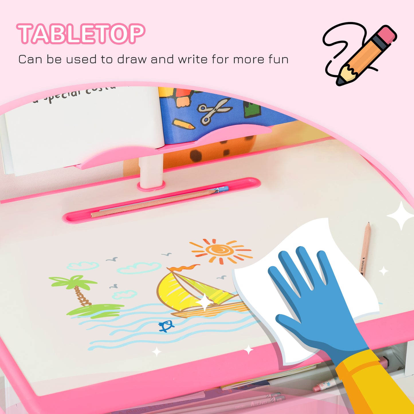 Kids Desk and Chair Set w/ Drawer, Book Stand, Pen Slot, Pink