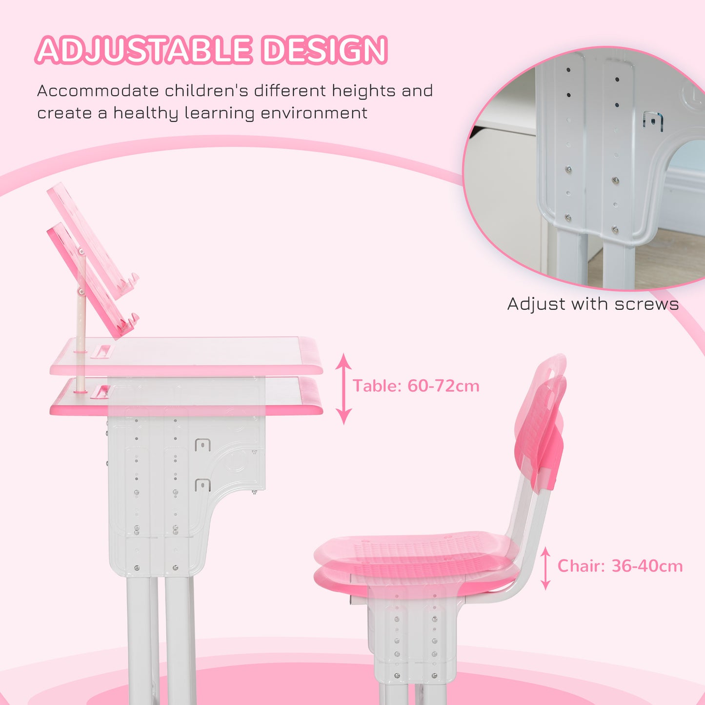 Kids Desk and Chair Set w/ Drawer, Book Stand, Pen Slot, Pink