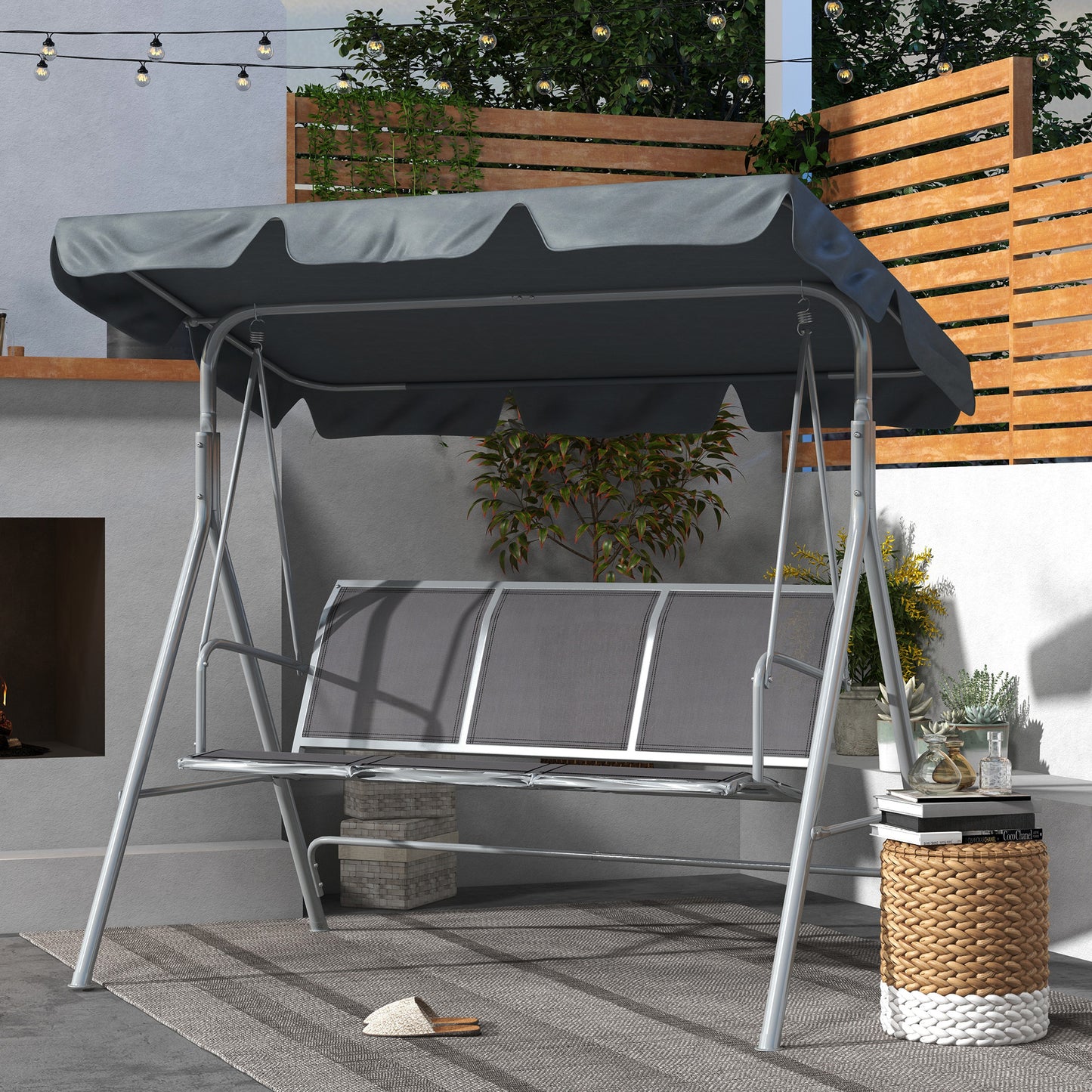 Metal Swing Chair 3 Seater Patio Bench w/ Canopy, Dark Grey