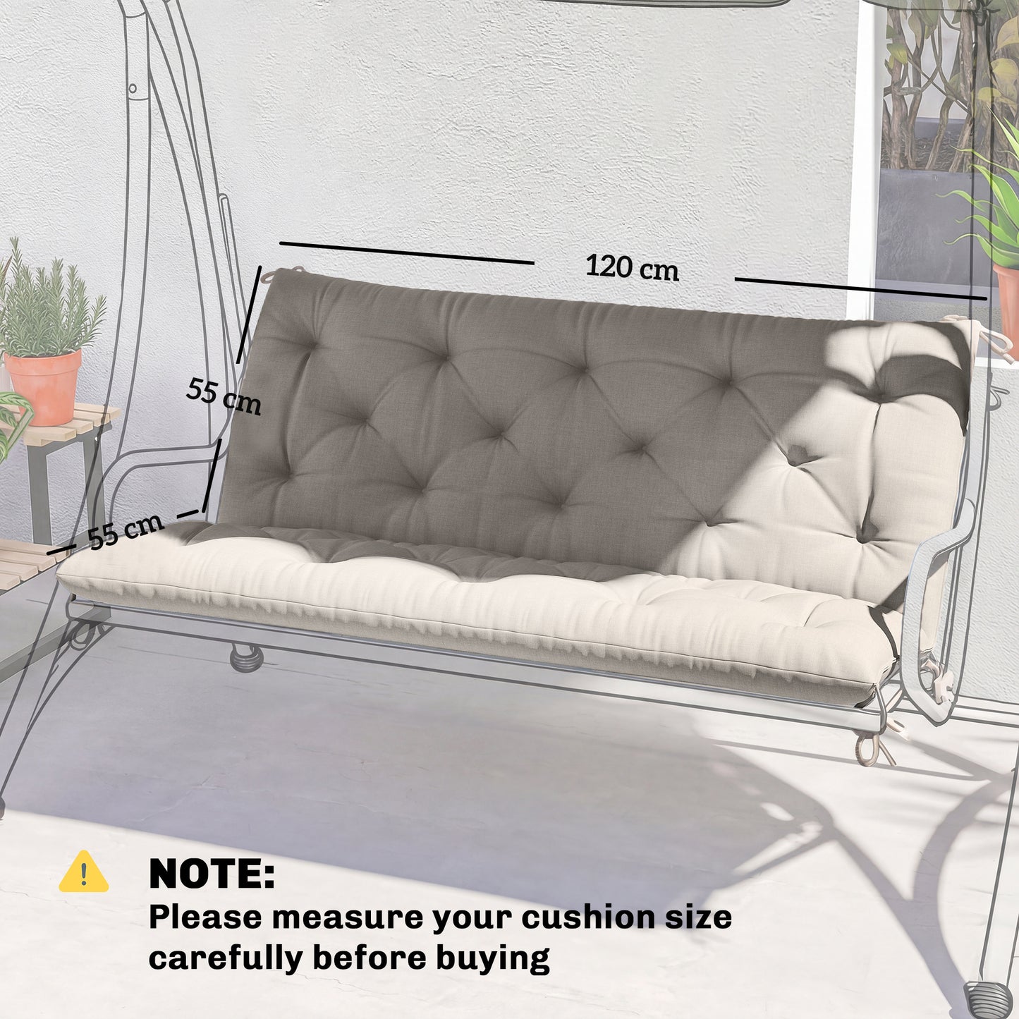 Garden Bench Cushion, Seat Pad with Ties, Light Grey