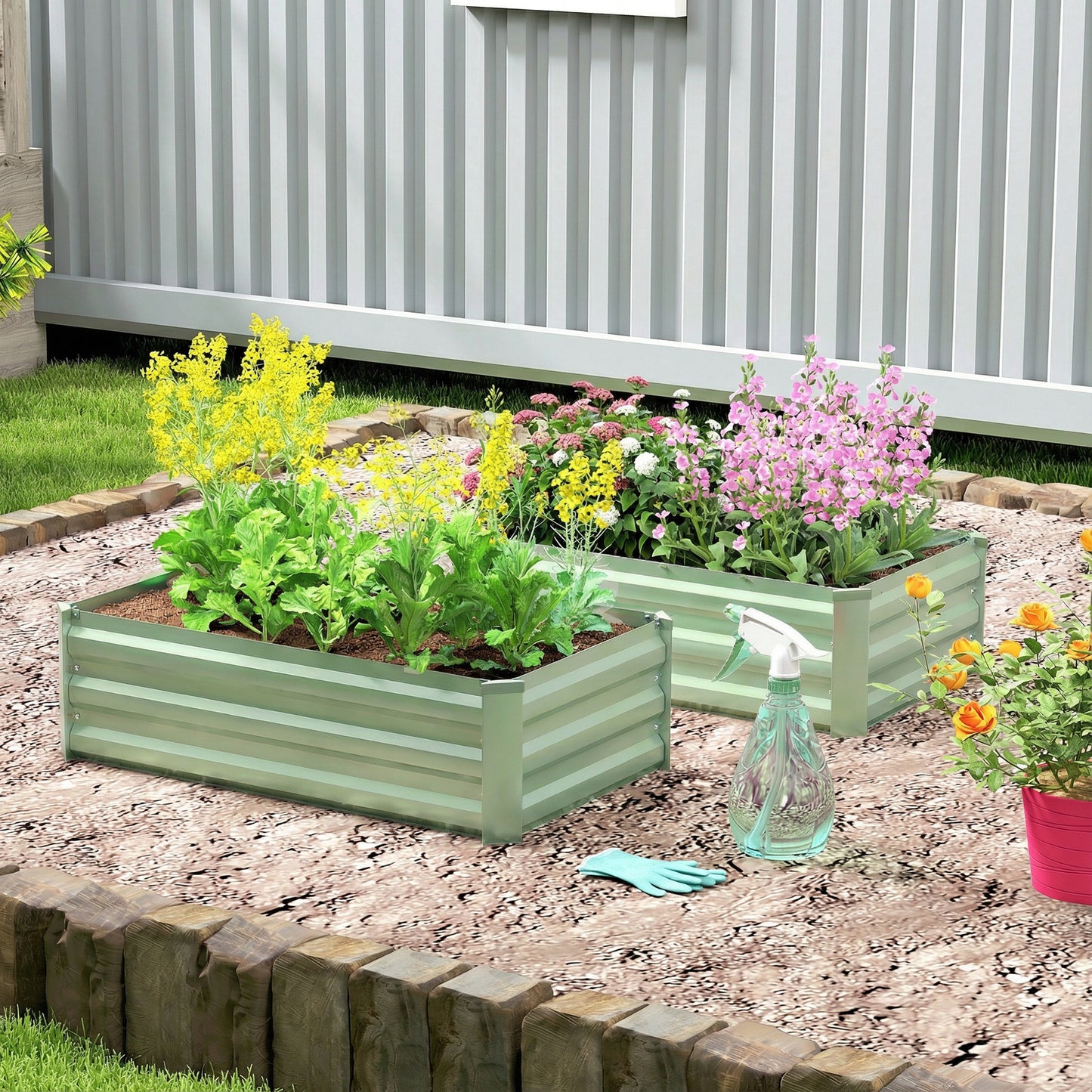 Set of 2 Raised Garden Bed Galvanised Planter Box, Light Green