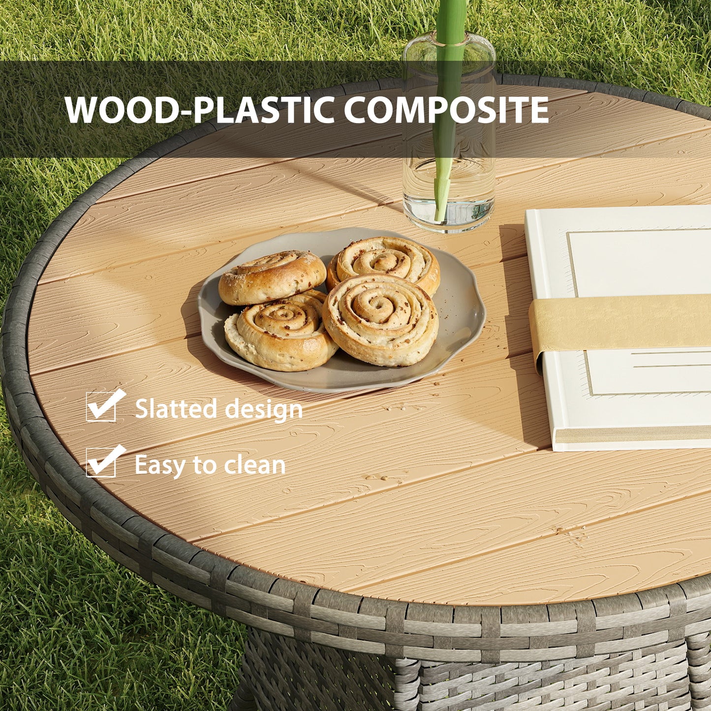 Outdoor PE Rattan Dining Table w/ Wood-plastic Composite Top, Natural