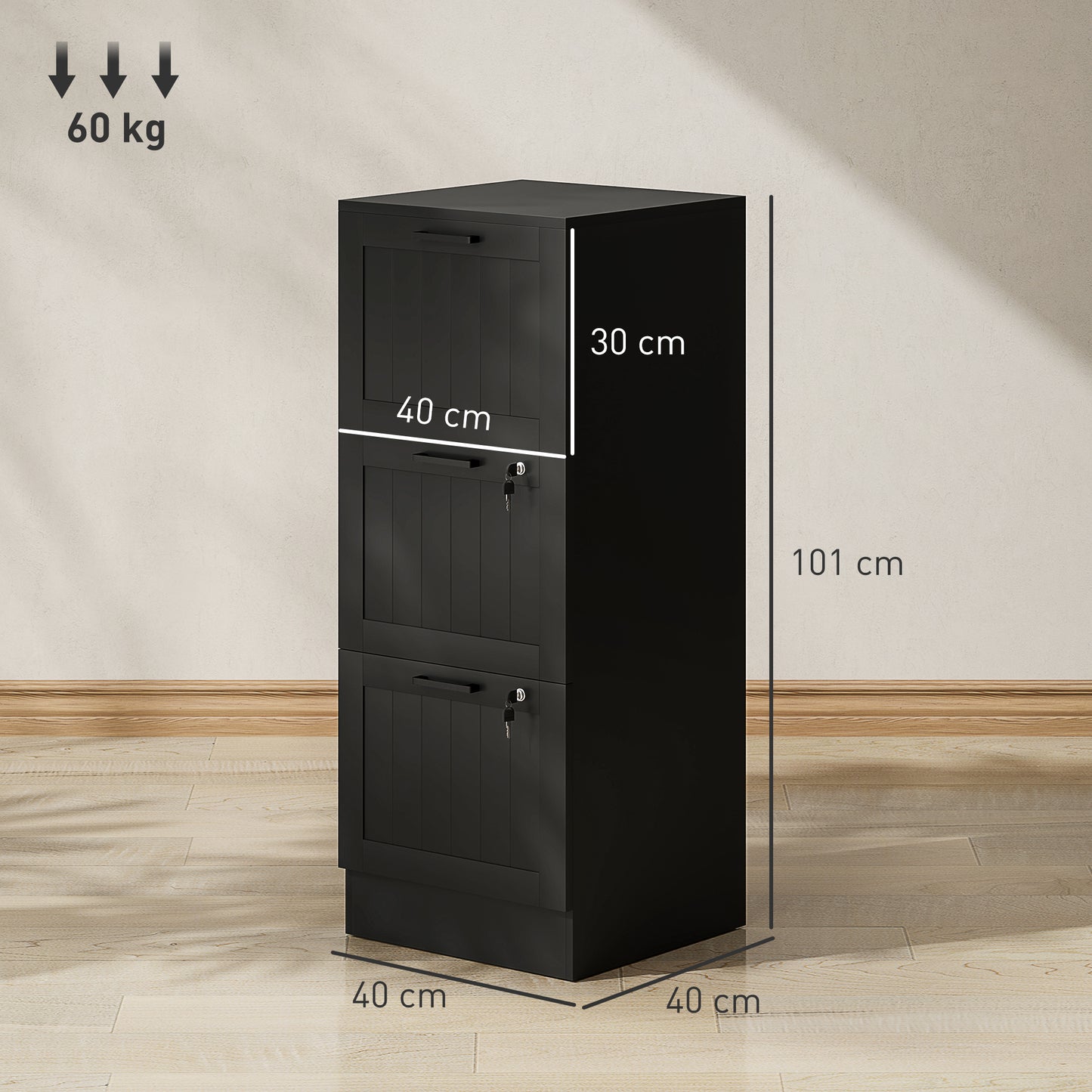 3 Drawer File Cabinet with Lock and Adjustable Hanging Bars, Black